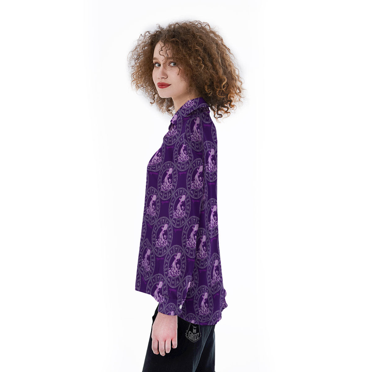 Zodiac Aquarius Purple Print Pattern Women's Long Sleeve Shirts-grizzshop