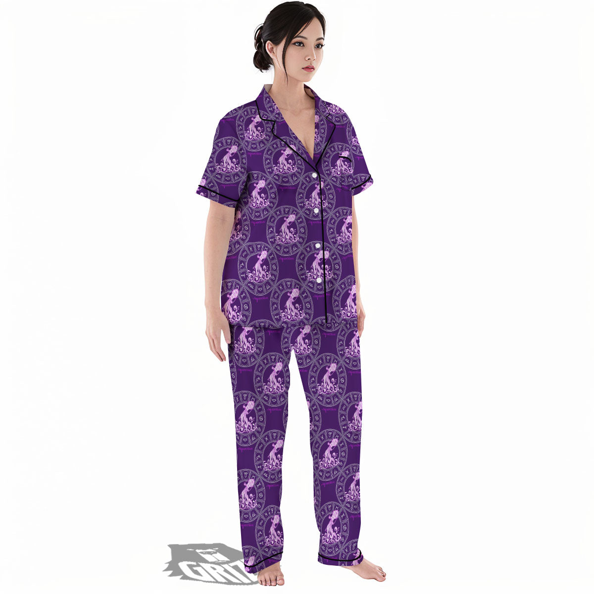 Zodiac Aquarius Purple Print Pattern Women's Pajamas Set-grizzshop