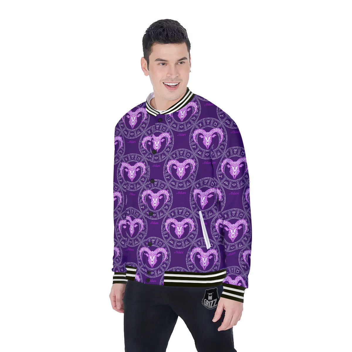 Zodiac Aries Purple Print Pattern Baseball Jacket-grizzshop