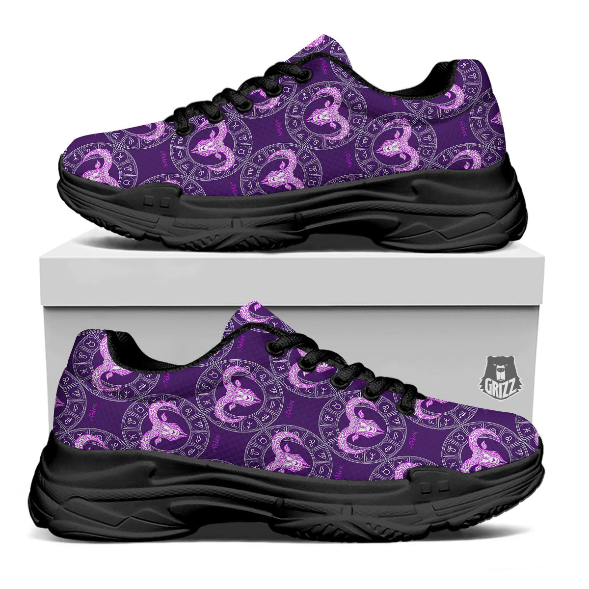 Zodiac Aries Purple Print Pattern Black Chunky Shoes-grizzshop