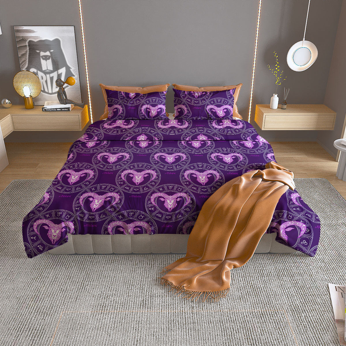 Zodiac Aries Purple Print Pattern Duvet Cover Bedding Set