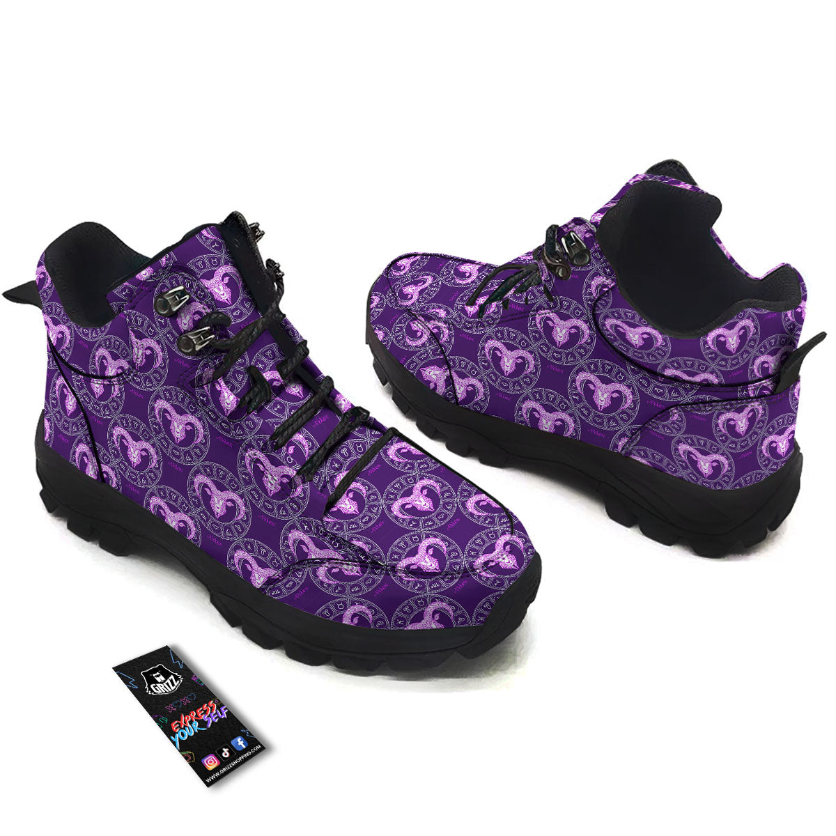 Zodiac Aries Purple Print Pattern Hiking Shoes-grizzshop
