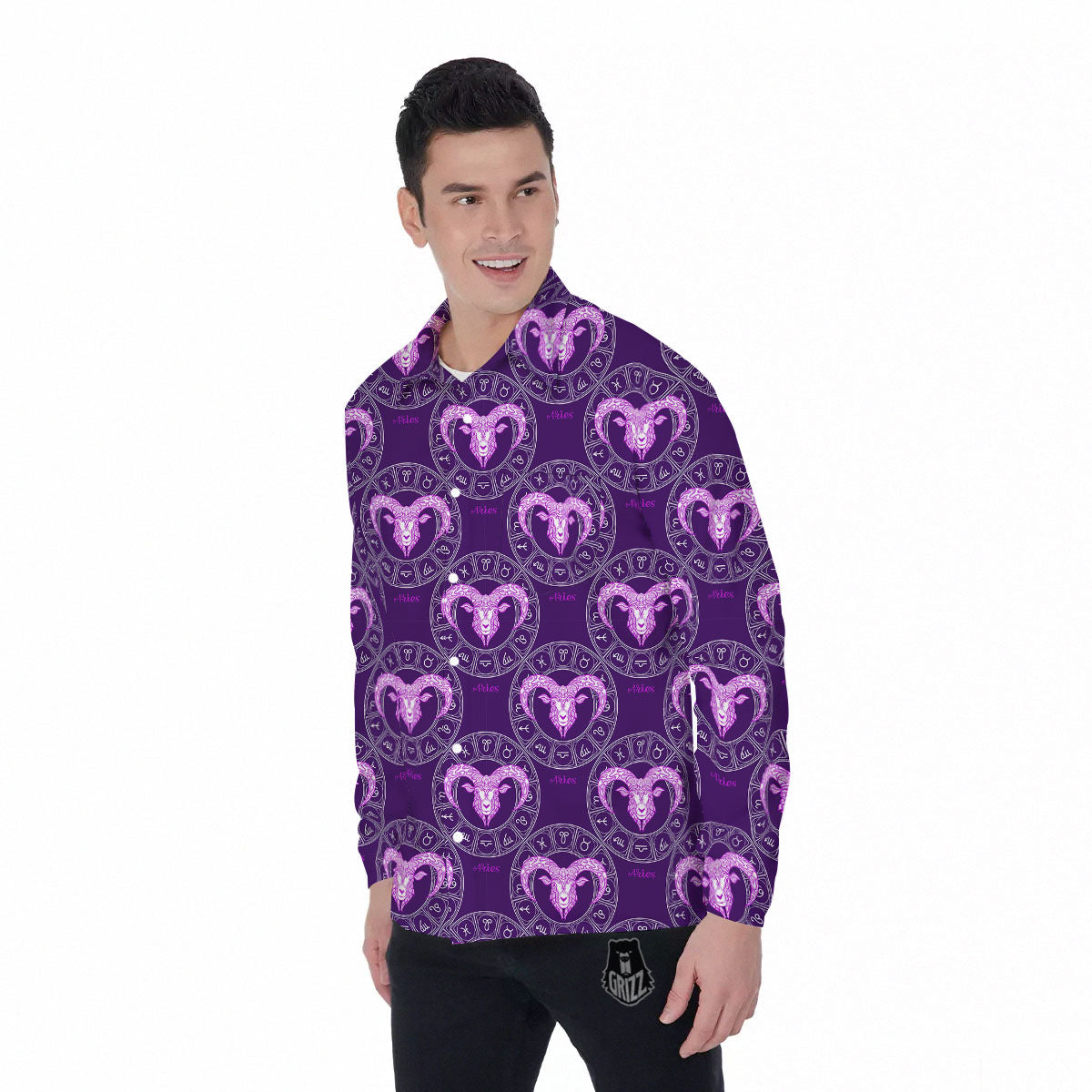 Zodiac Aries Purple Print Pattern Men's Long Sleeve Shirts-grizzshop