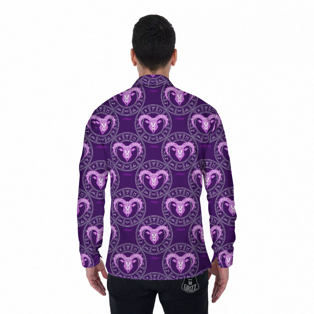 Zodiac Aries Purple Print Pattern Men's Long Sleeve Shirts-grizzshop