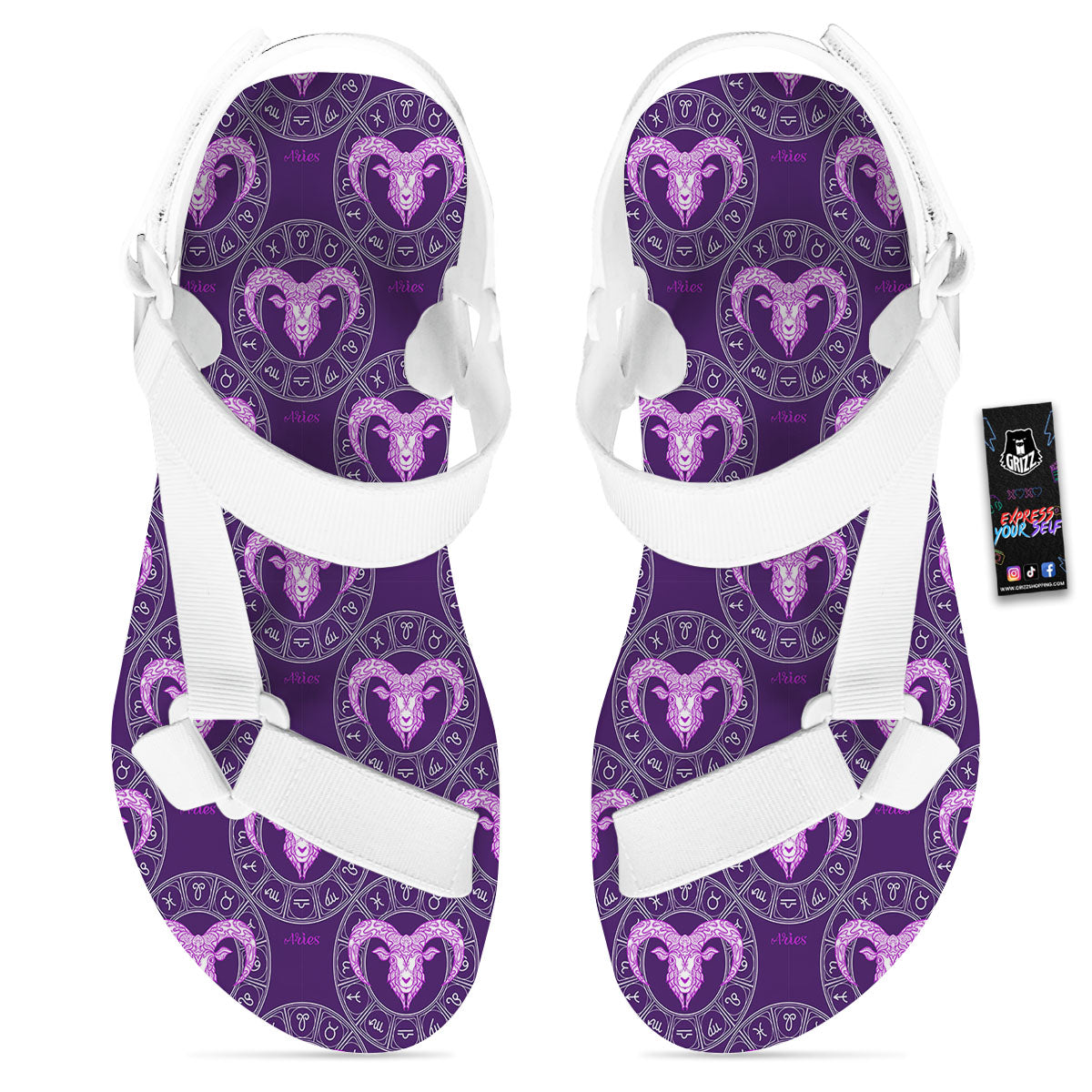 Zodiac Aries Purple Print Pattern White Open Toe Sandals-grizzshop