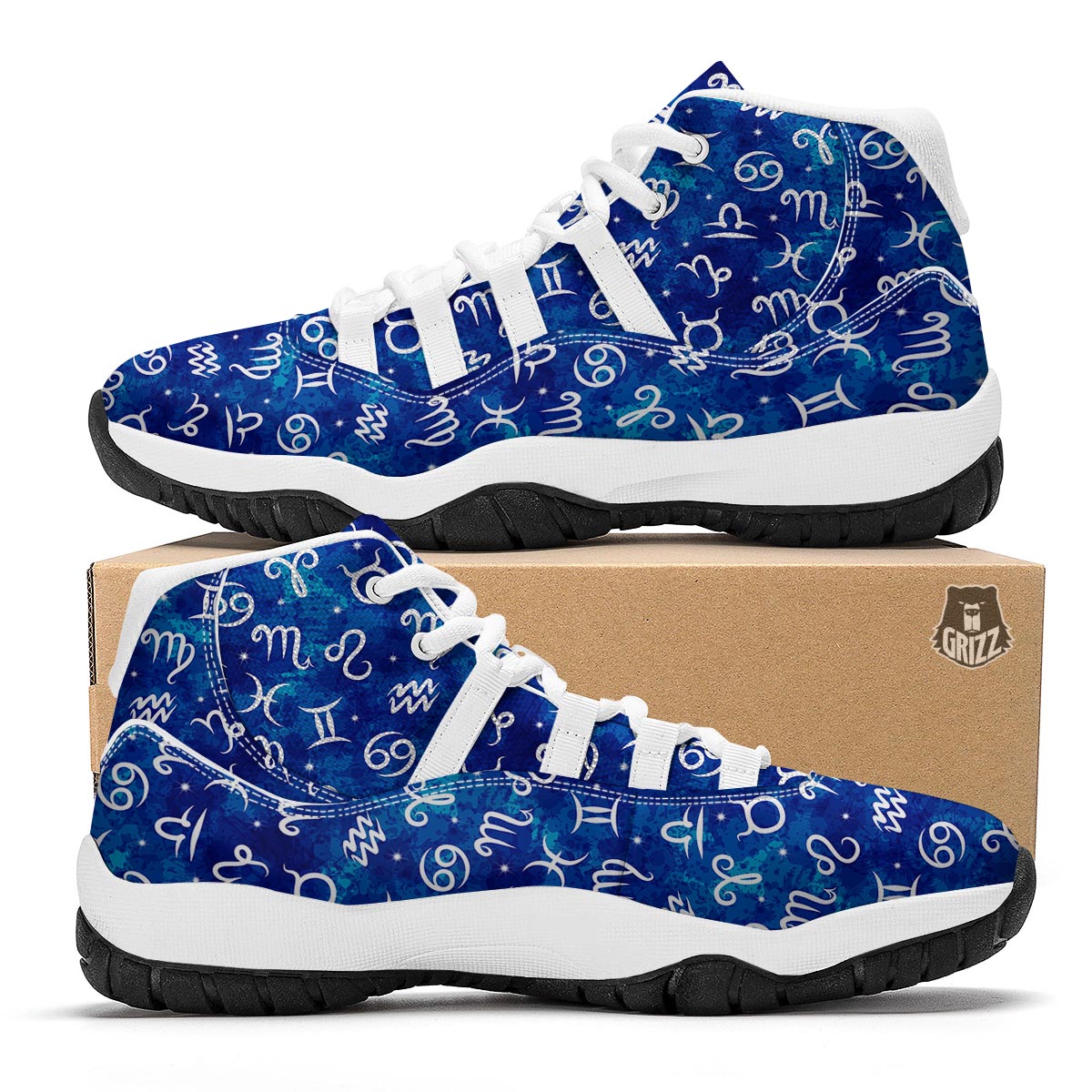 Zodiac Blue Pattern Print White Bball Shoes-grizzshop