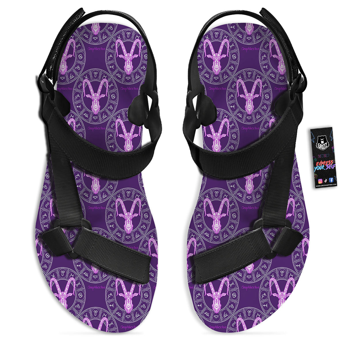 Zodiac Capricorn Purple Print Pattern Black Open Toe Sandals-grizzshop