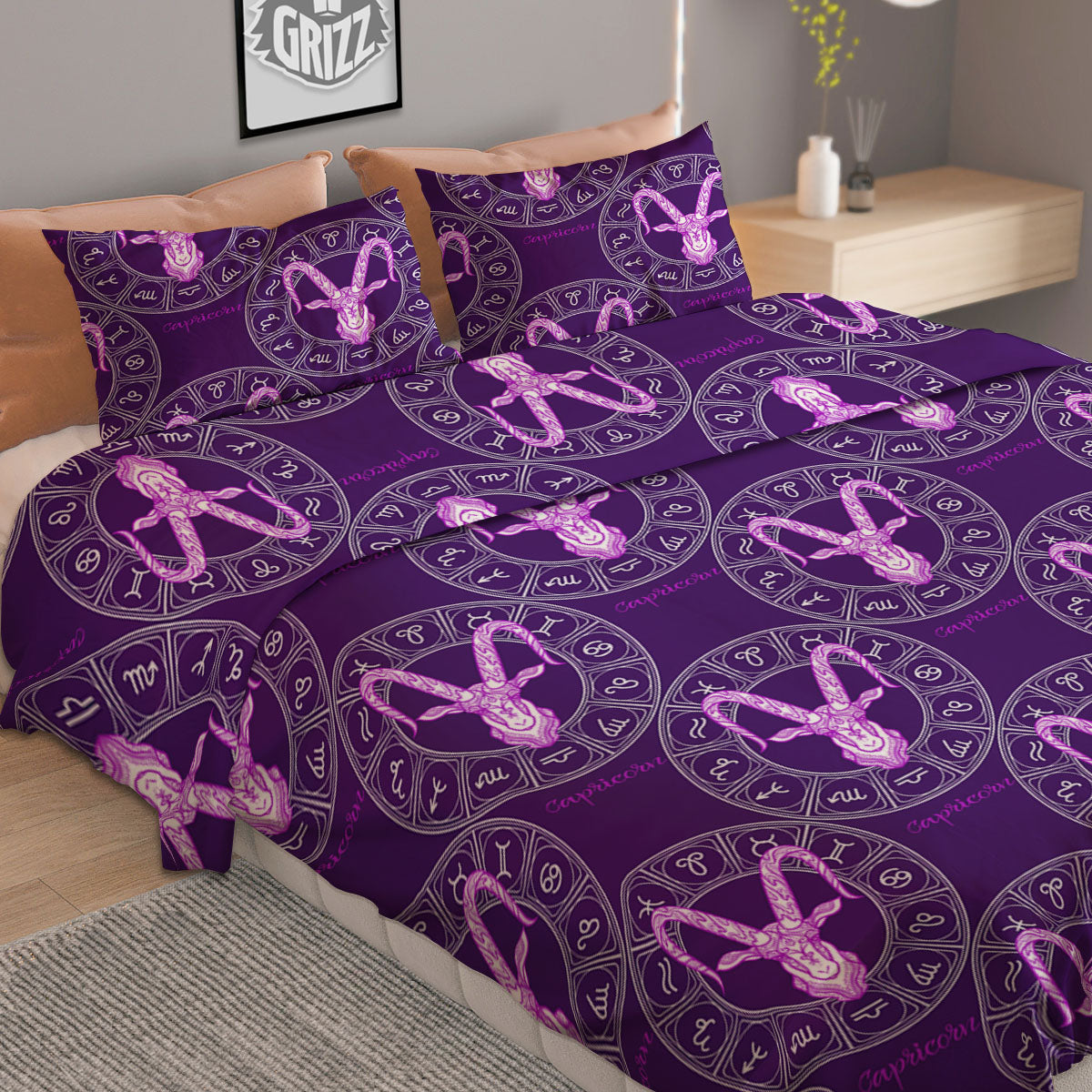 Zodiac Capricorn Purple Print Pattern Duvet Cover Bedding Set