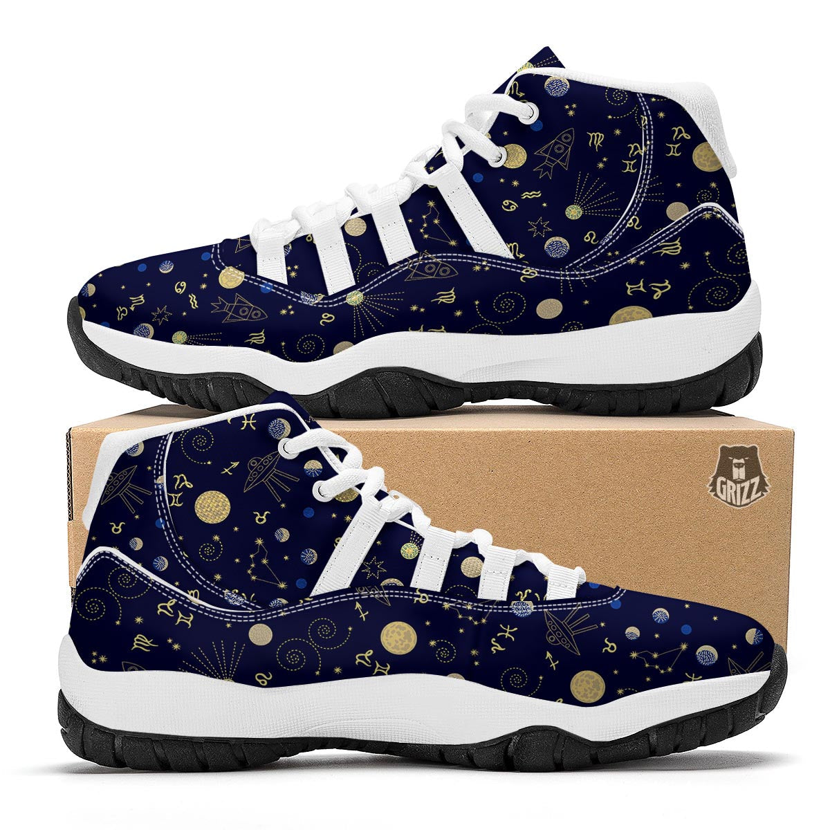 Zodiac Celestial Pattern Print White Bball Shoes-grizzshop