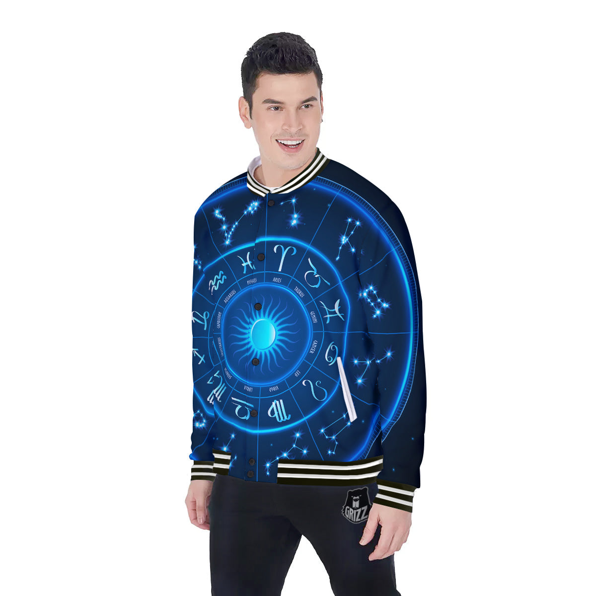 Zodiac Circle Blue Light Print Baseball Jacket-grizzshop