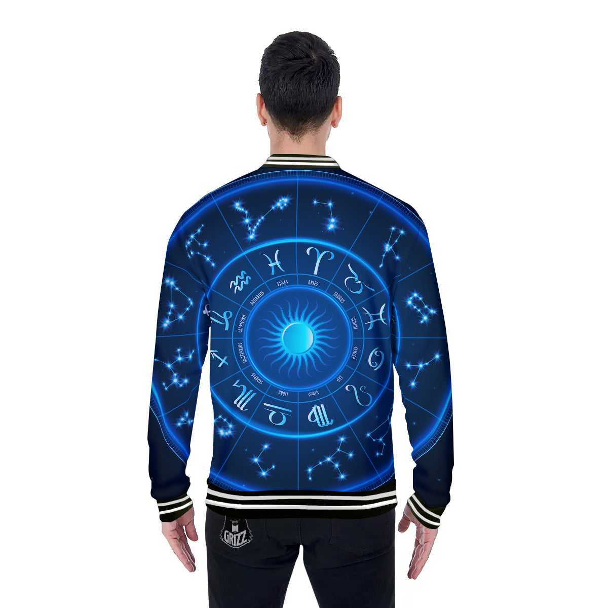 Zodiac Circle Blue Light Print Baseball Jacket-grizzshop
