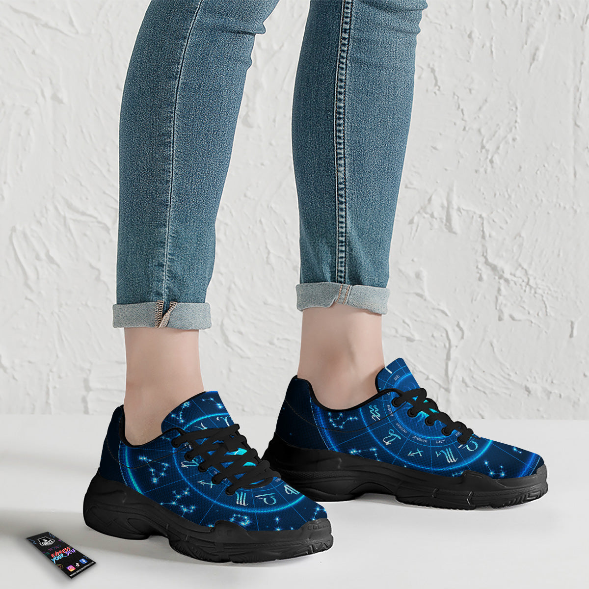 Zodiac Circle Blue Light Print Black Chunky Shoes-grizzshop