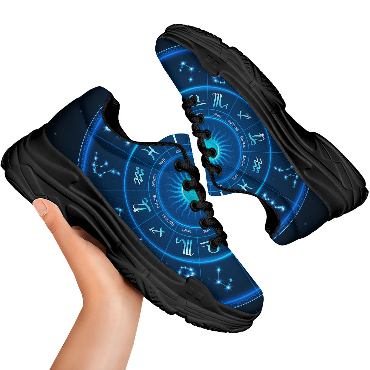 Zodiac Circle Blue Light Print Black Chunky Shoes-grizzshop