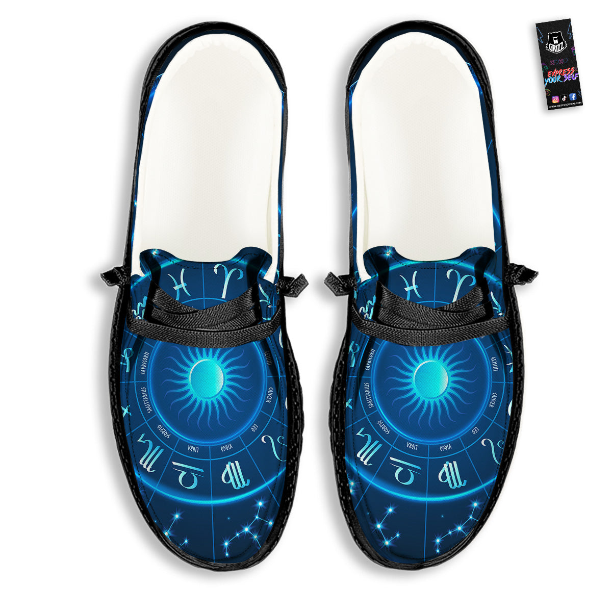 Zodiac Circle Blue Light Print Black Loafers-grizzshop