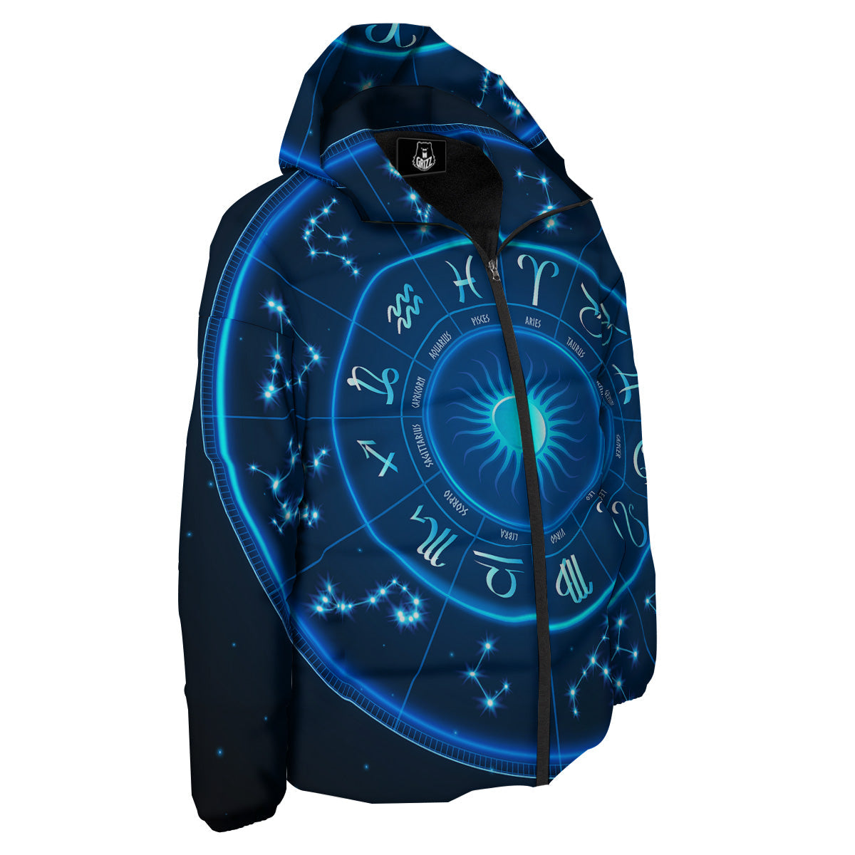 Zodiac Circle Blue Light Print Down Jacket-grizzshop