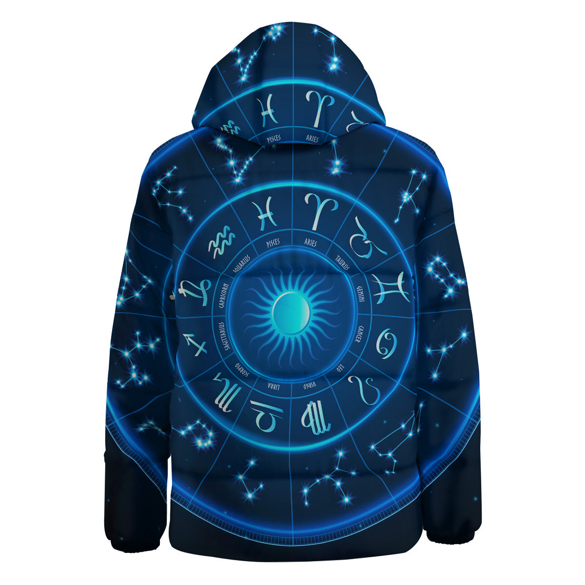 Zodiac Circle Blue Light Print Down Jacket-grizzshop