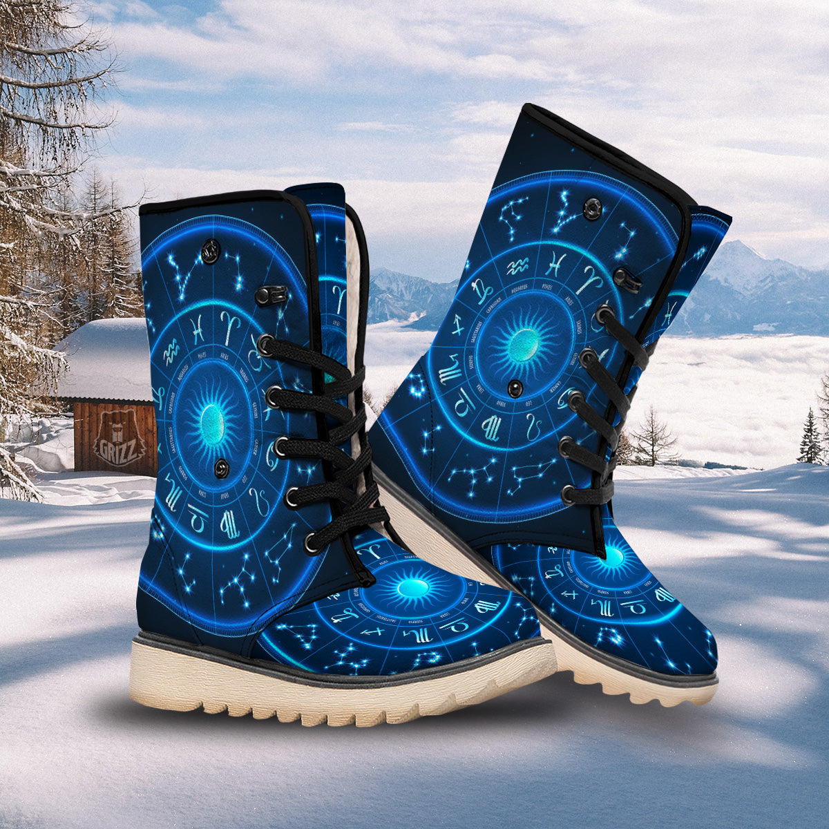 Zodiac Circle Blue Light Print Snow Boots-grizzshop