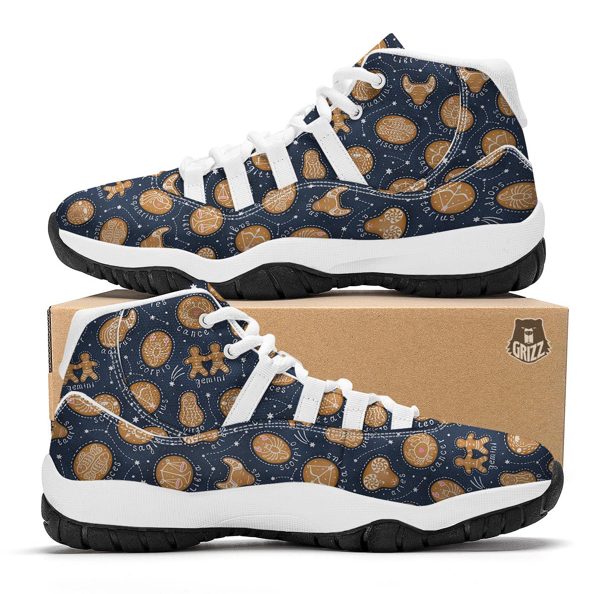 Zodiac Cookie Pattern Print White Bball Shoes-grizzshop