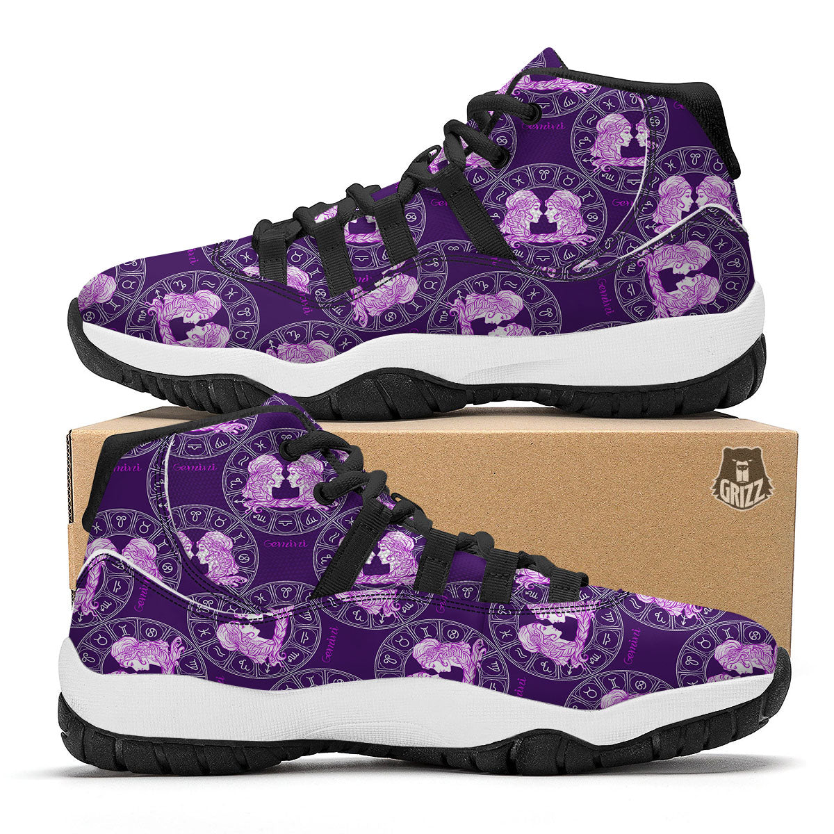 Zodiac Gemini Purple Print Pattern Black Bball Shoes-grizzshop