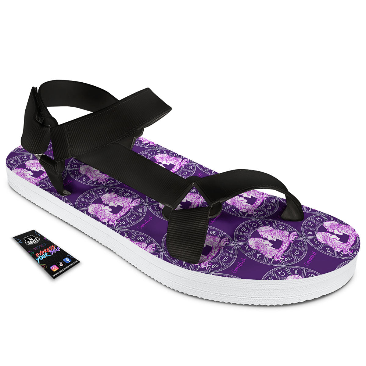 Zodiac Gemini Purple Print Pattern Black Open Toe Sandals-grizzshop