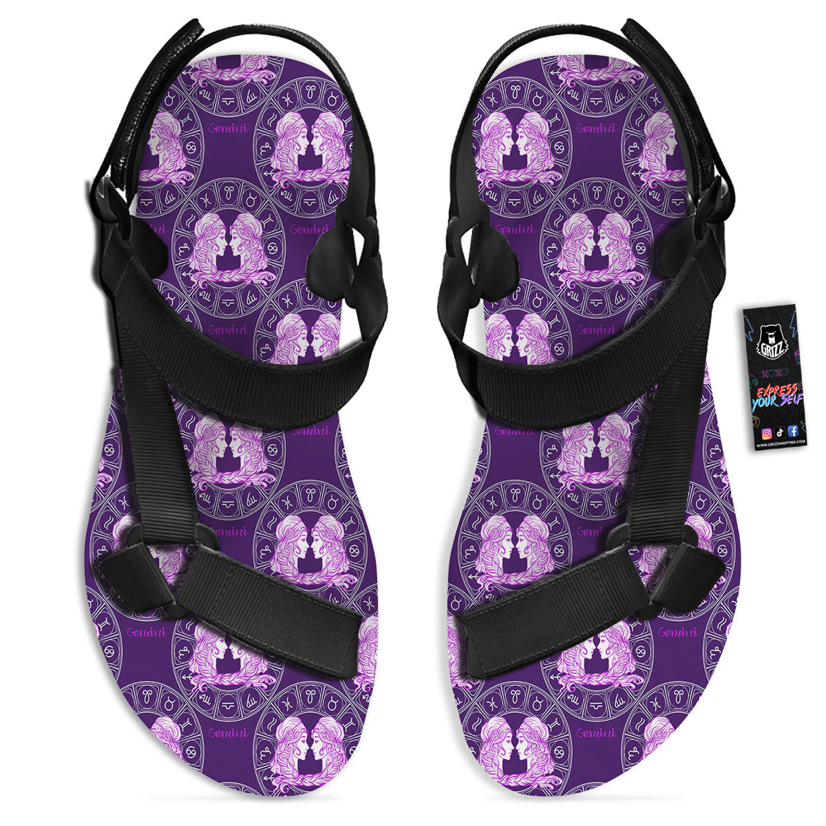 Zodiac Gemini Purple Print Pattern Black Open Toe Sandals-grizzshop