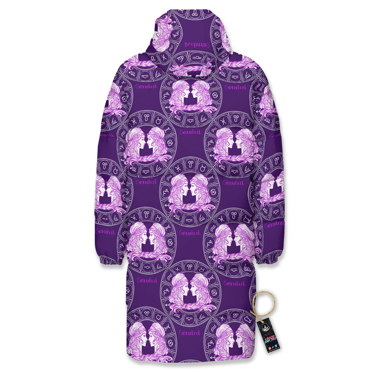 Zodiac Gemini Purple Print Pattern Long Down Jacket-grizzshop