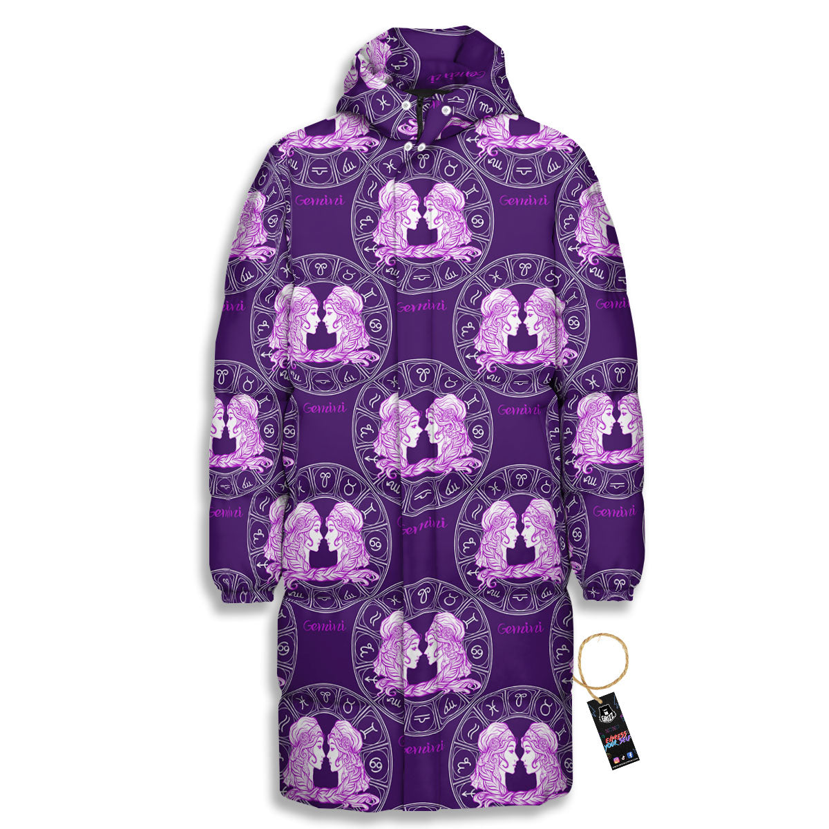 Zodiac Gemini Purple Print Pattern Long Down Jacket-grizzshop
