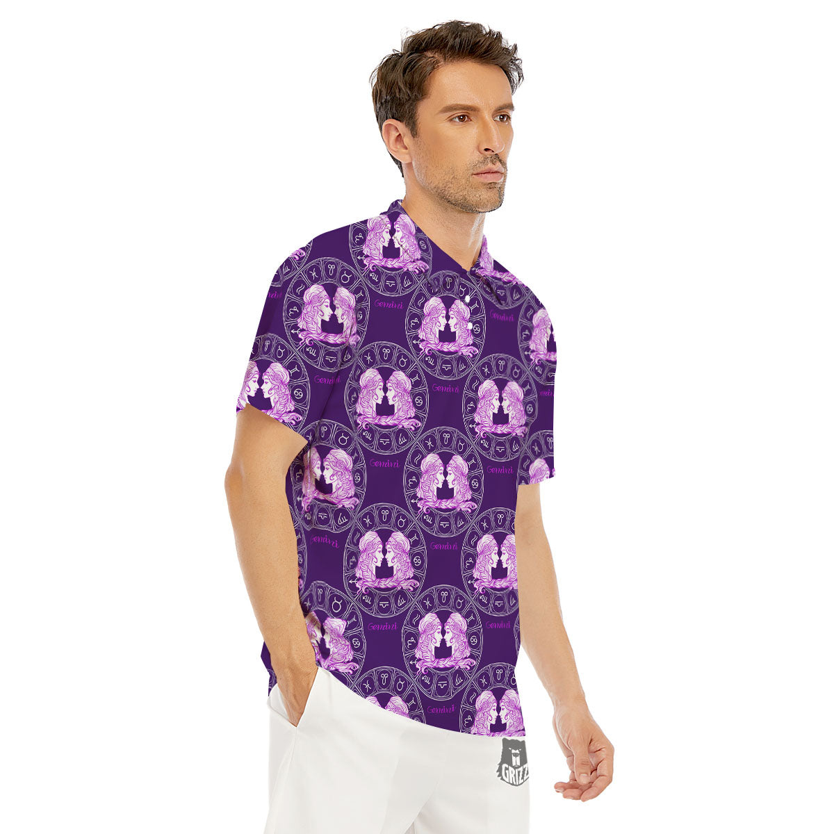 Zodiac Gemini Purple Print Pattern Men's Golf Shirts-grizzshop