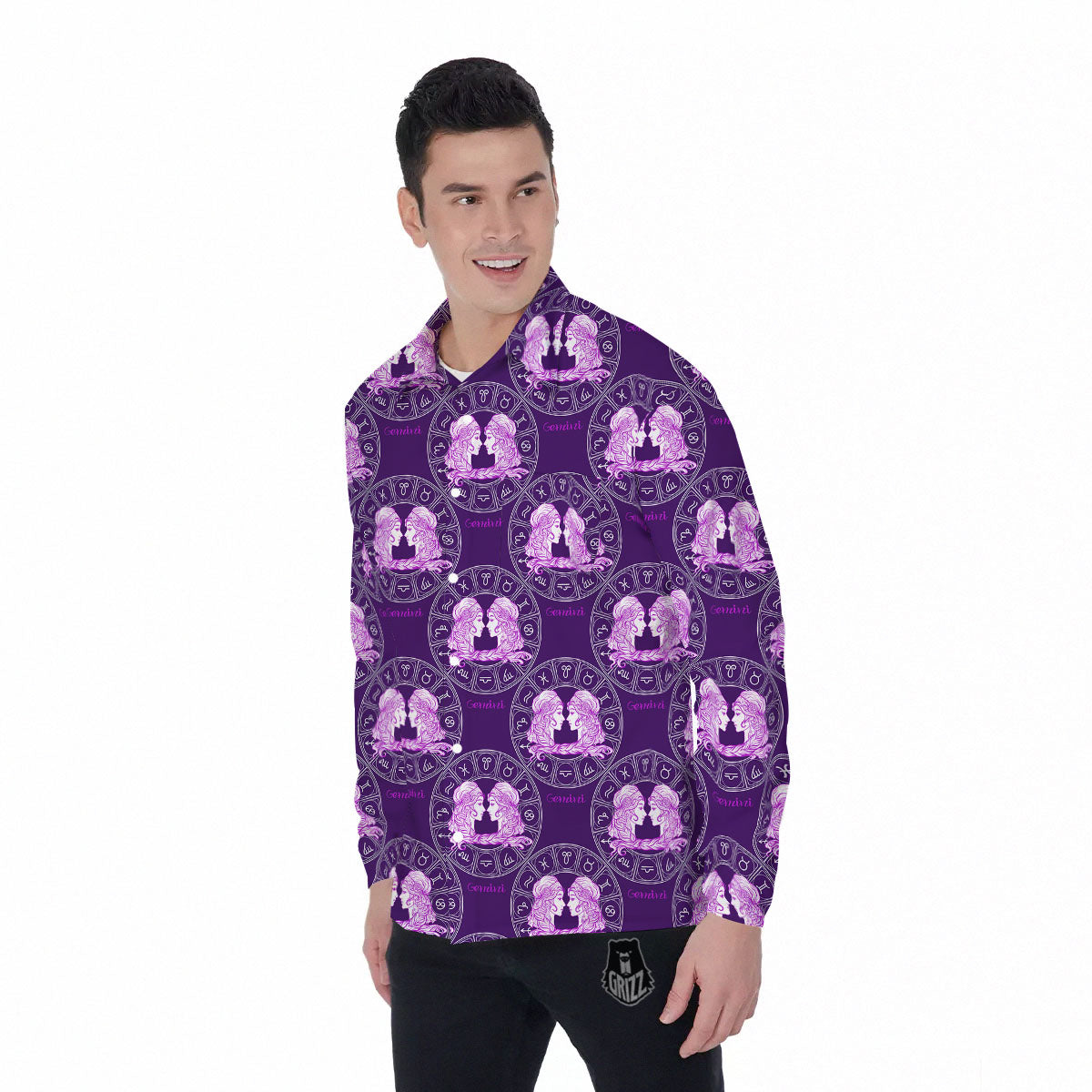 Zodiac Gemini Purple Print Pattern Men's Long Sleeve Shirts-grizzshop