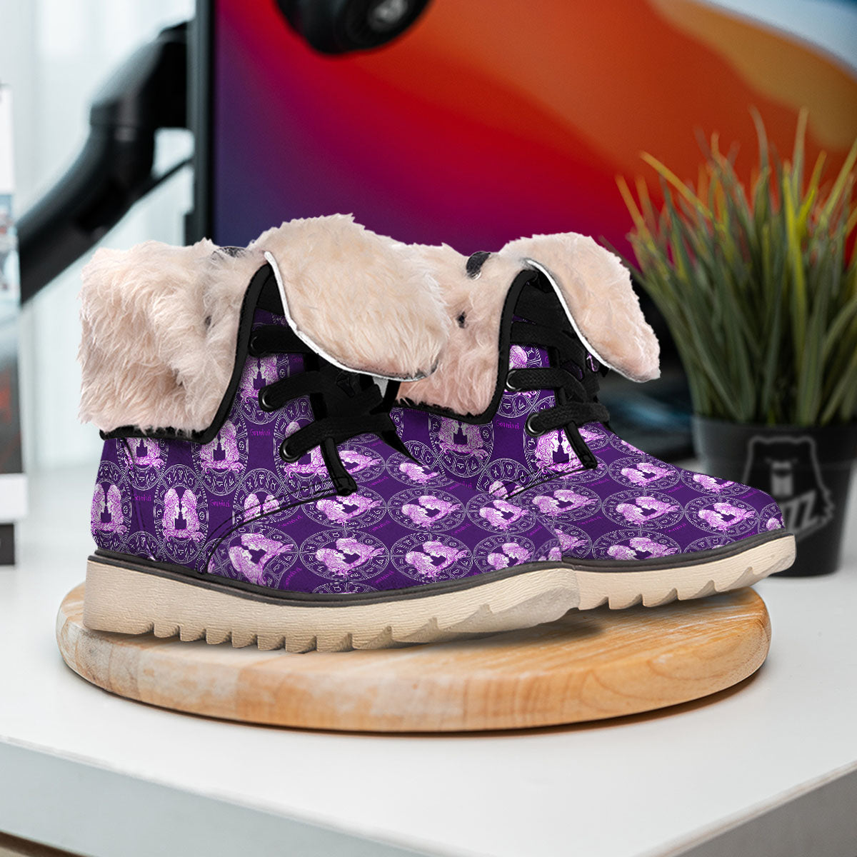 Zodiac Gemini Purple Print Pattern Snow Boots-grizzshop