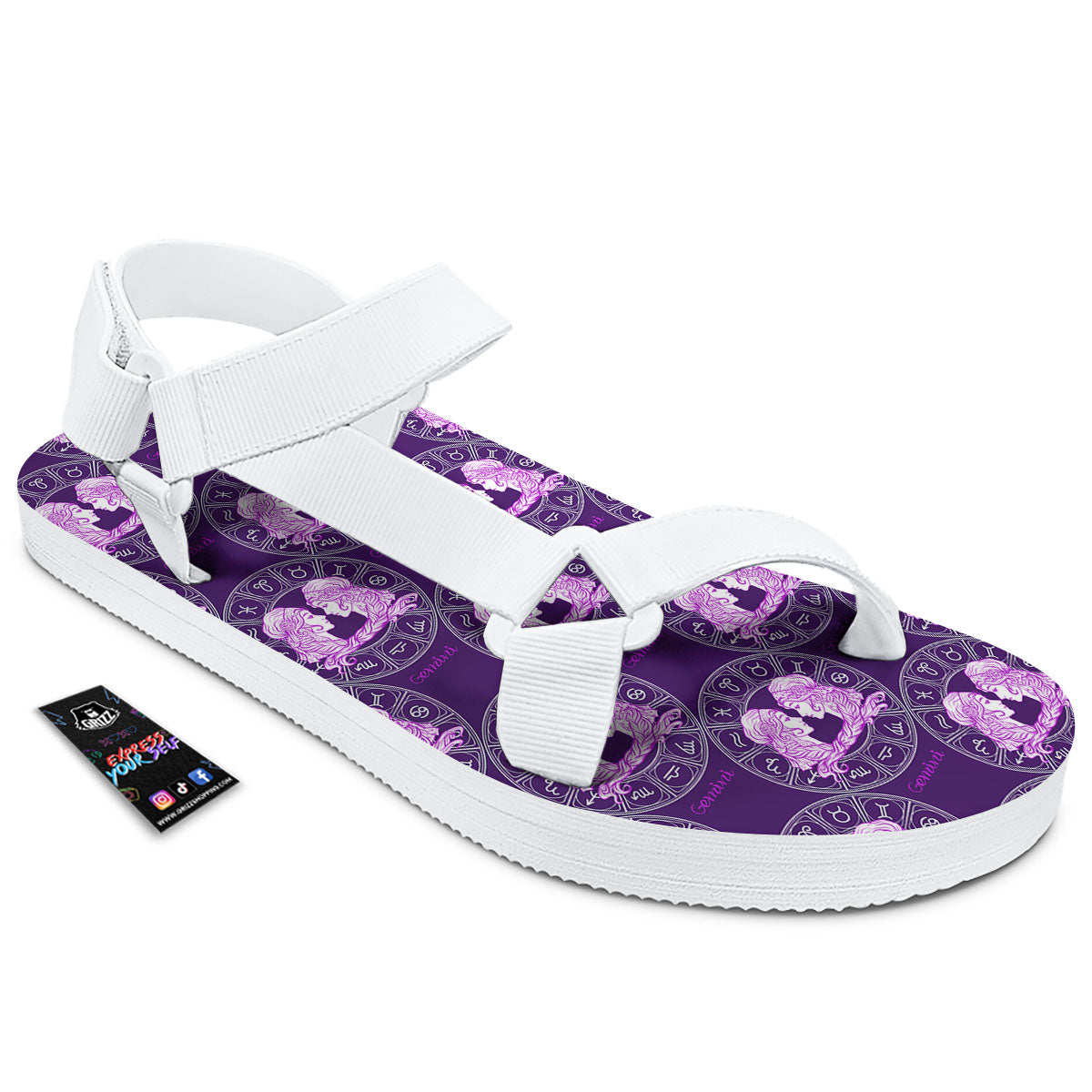 Zodiac Gemini Purple Print Pattern White Open Toe Sandals-grizzshop