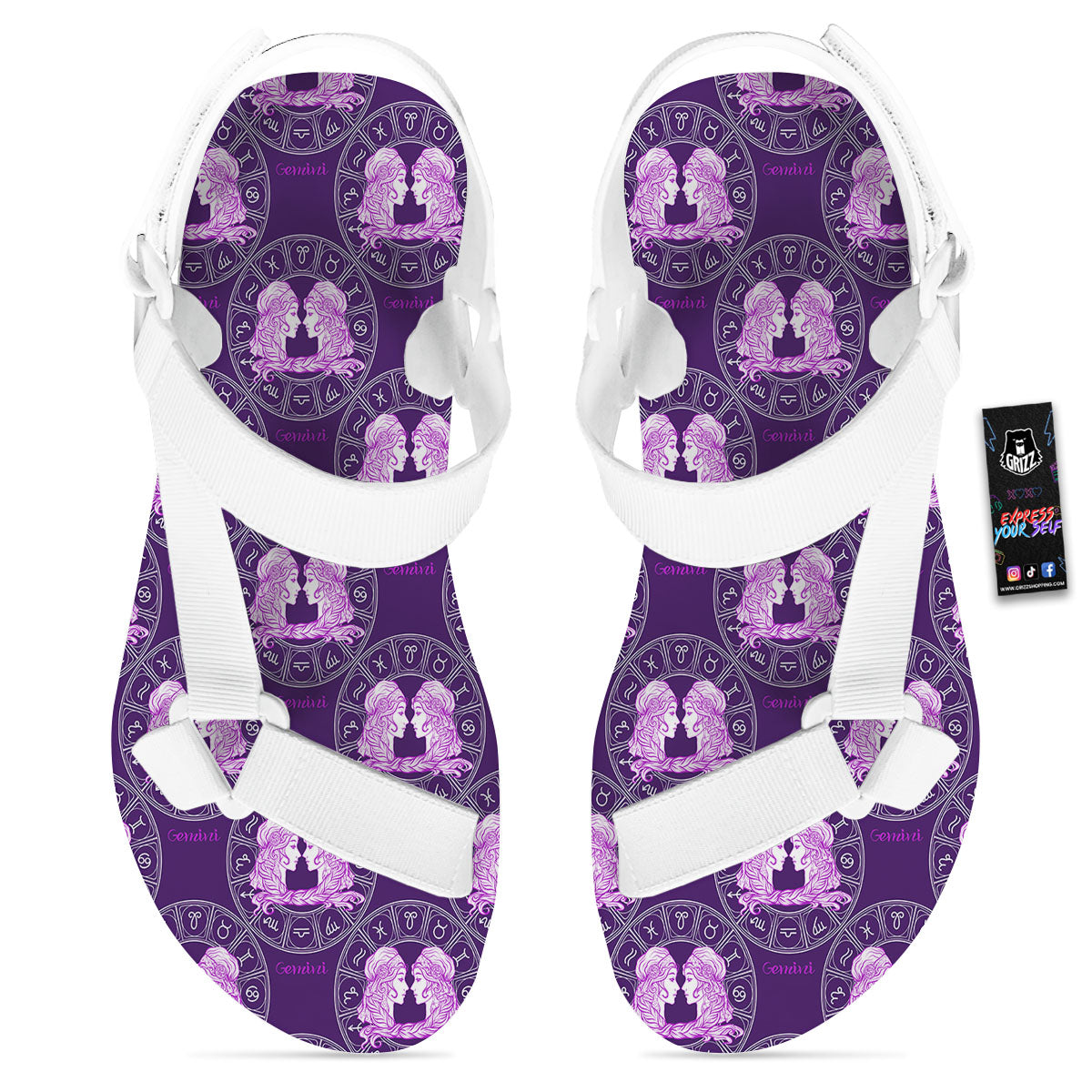 Zodiac Gemini Purple Print Pattern White Open Toe Sandals-grizzshop