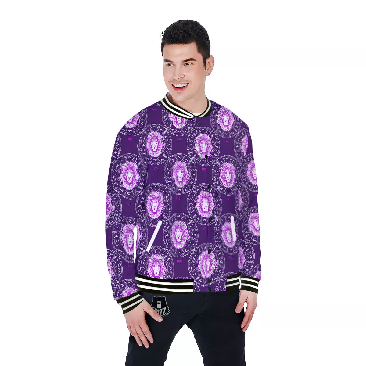 Zodiac Leo Purple Print Pattern Baseball Jacket-grizzshop