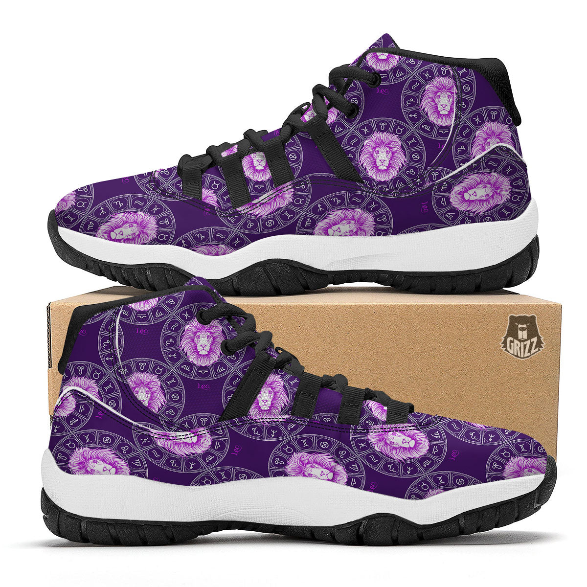 Zodiac Leo Purple Print Pattern Black Bball Shoes-grizzshop