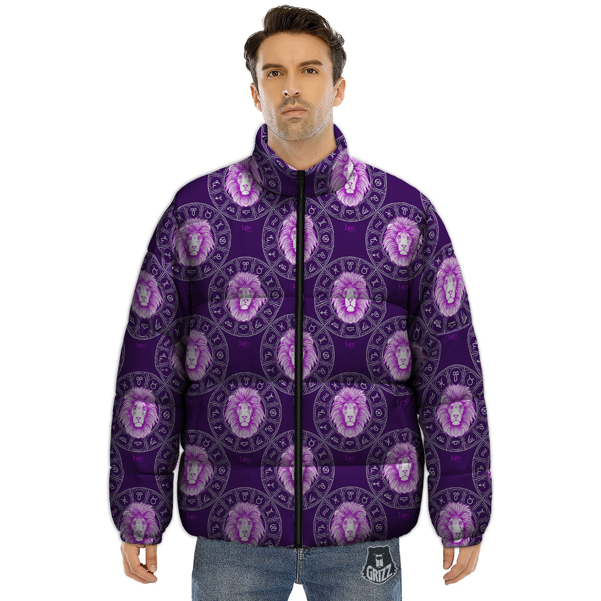 Zodiac Leo Purple Print Pattern Puffer Jacket-grizzshop