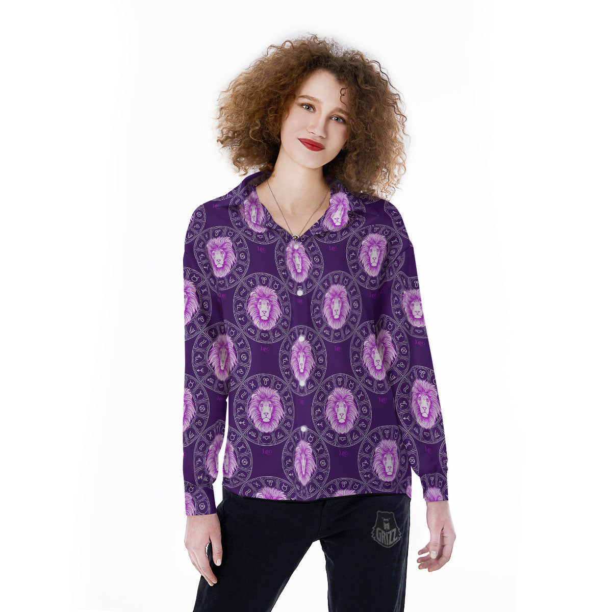 Zodiac Leo Purple Print Pattern Women's Long Sleeve Shirts-grizzshop
