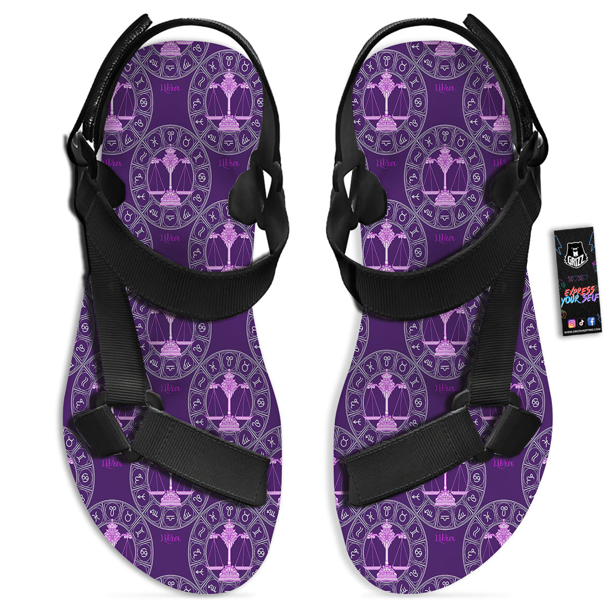 Zodiac Libra Purple Print Pattern Black Open Toe Sandals-grizzshop