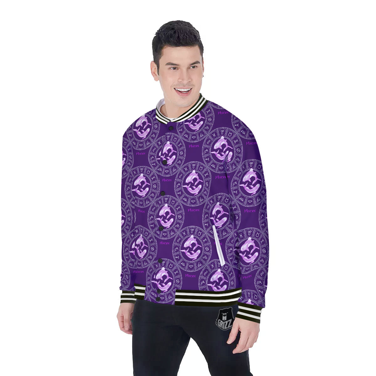 Zodiac Pisces Purple Print Pattern Baseball Jacket-grizzshop