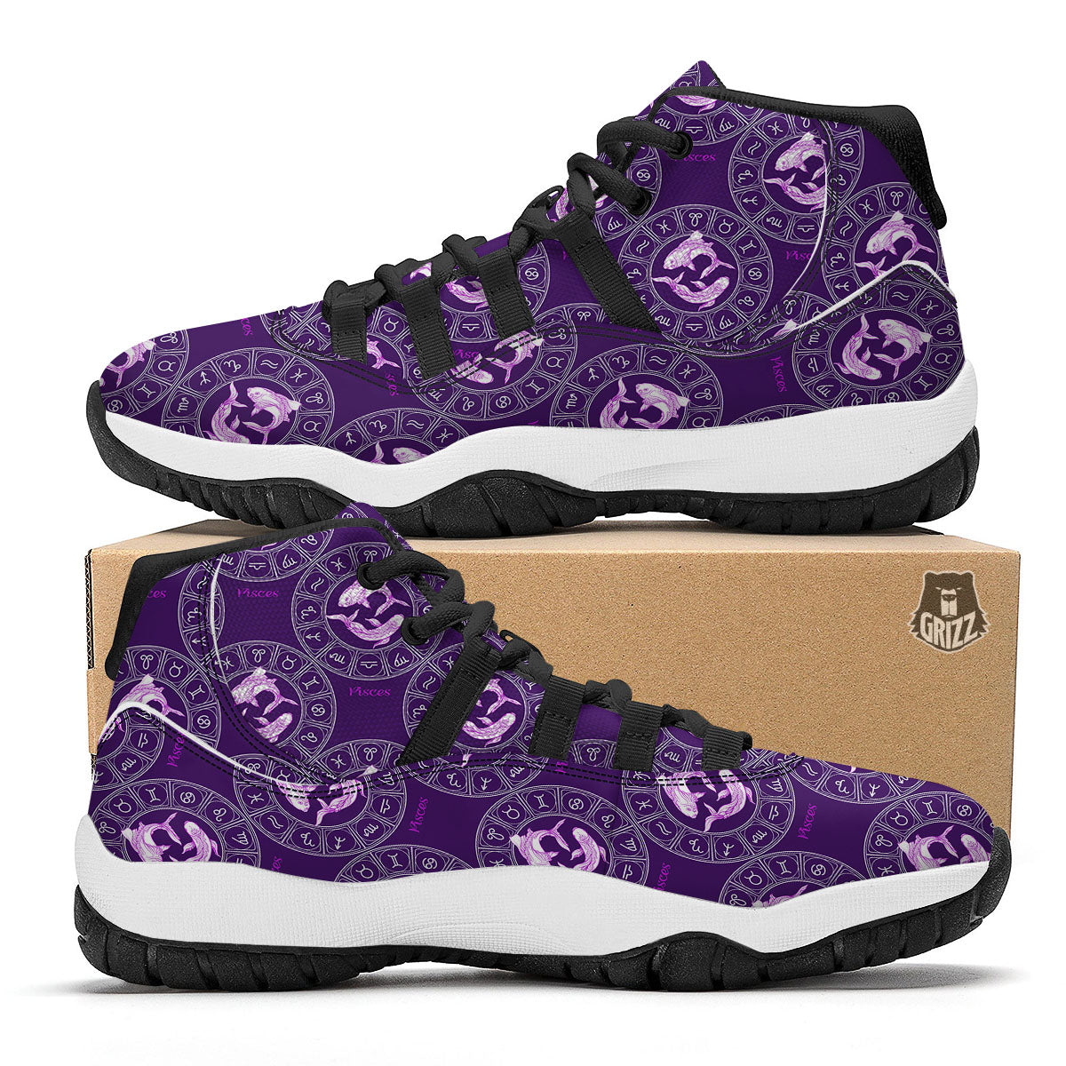 Zodiac Pisces Purple Print Pattern Black Bball Shoes-grizzshop