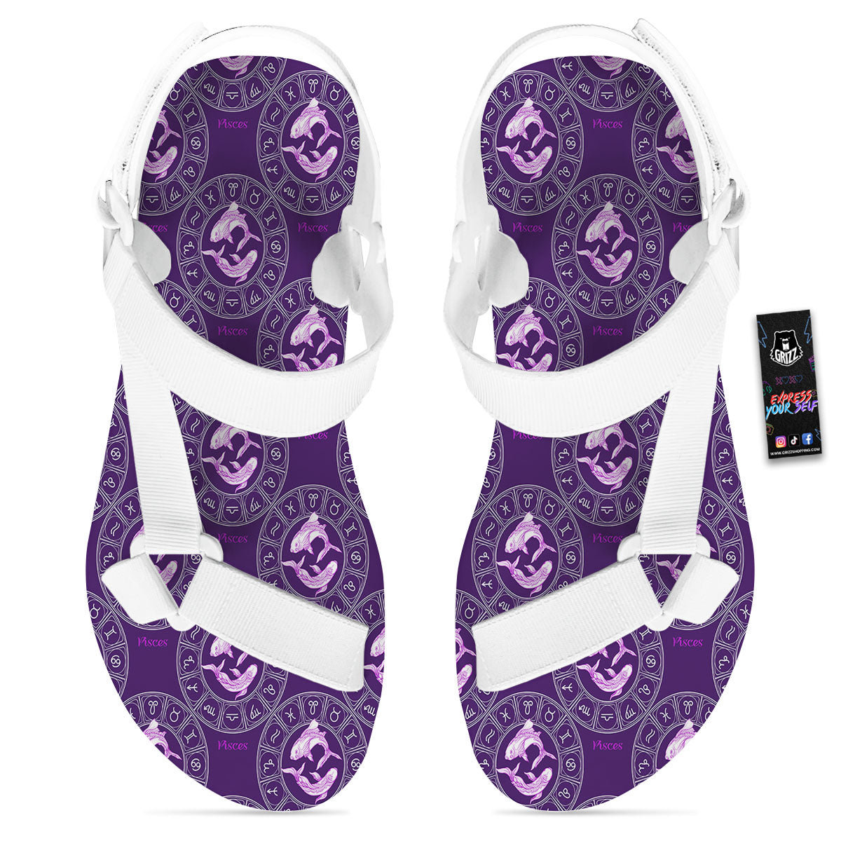 Zodiac Pisces Purple Print Pattern White Open Toe Sandals-grizzshop