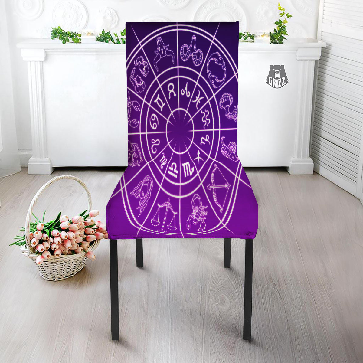Zodiac Purple And White Signs Print Dining Chair Slipcover-grizzshop
