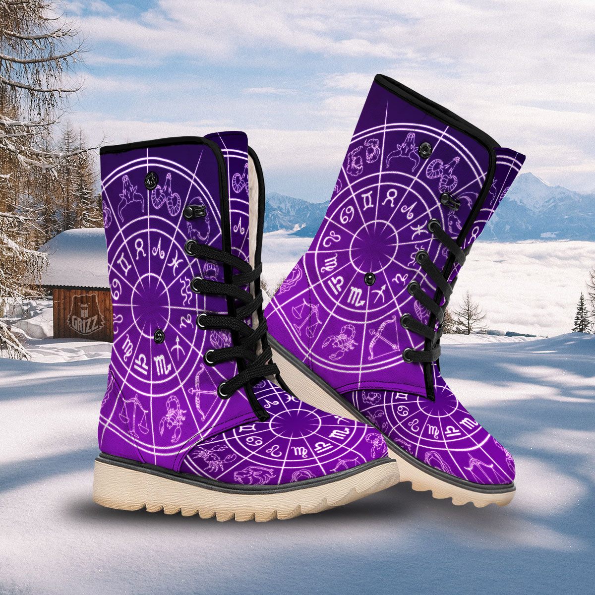 Zodiac Purple And White Signs Print Snow Boots-grizzshop