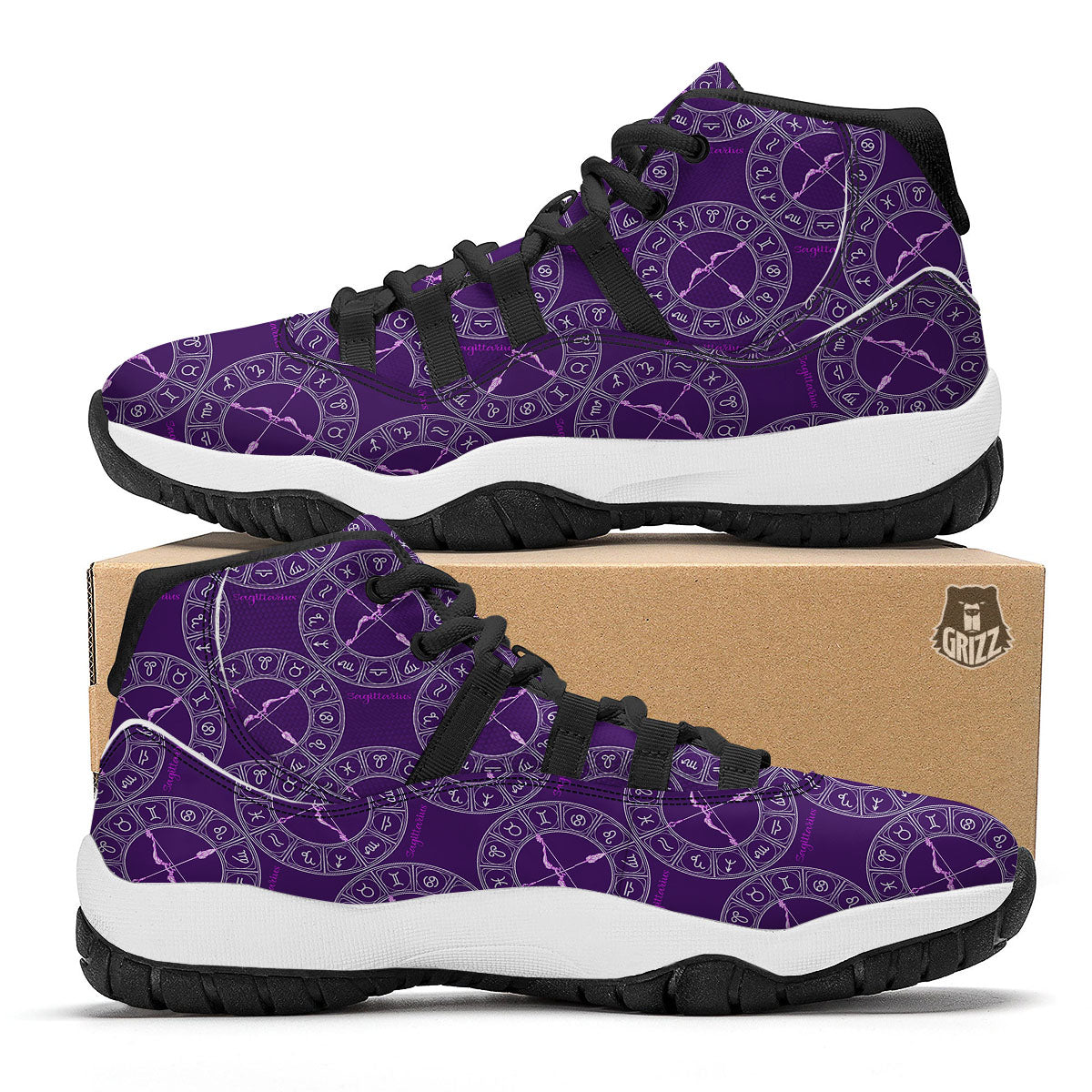 Zodiac Sagittarius Purple Print Pattern Black Bball Shoes-grizzshop