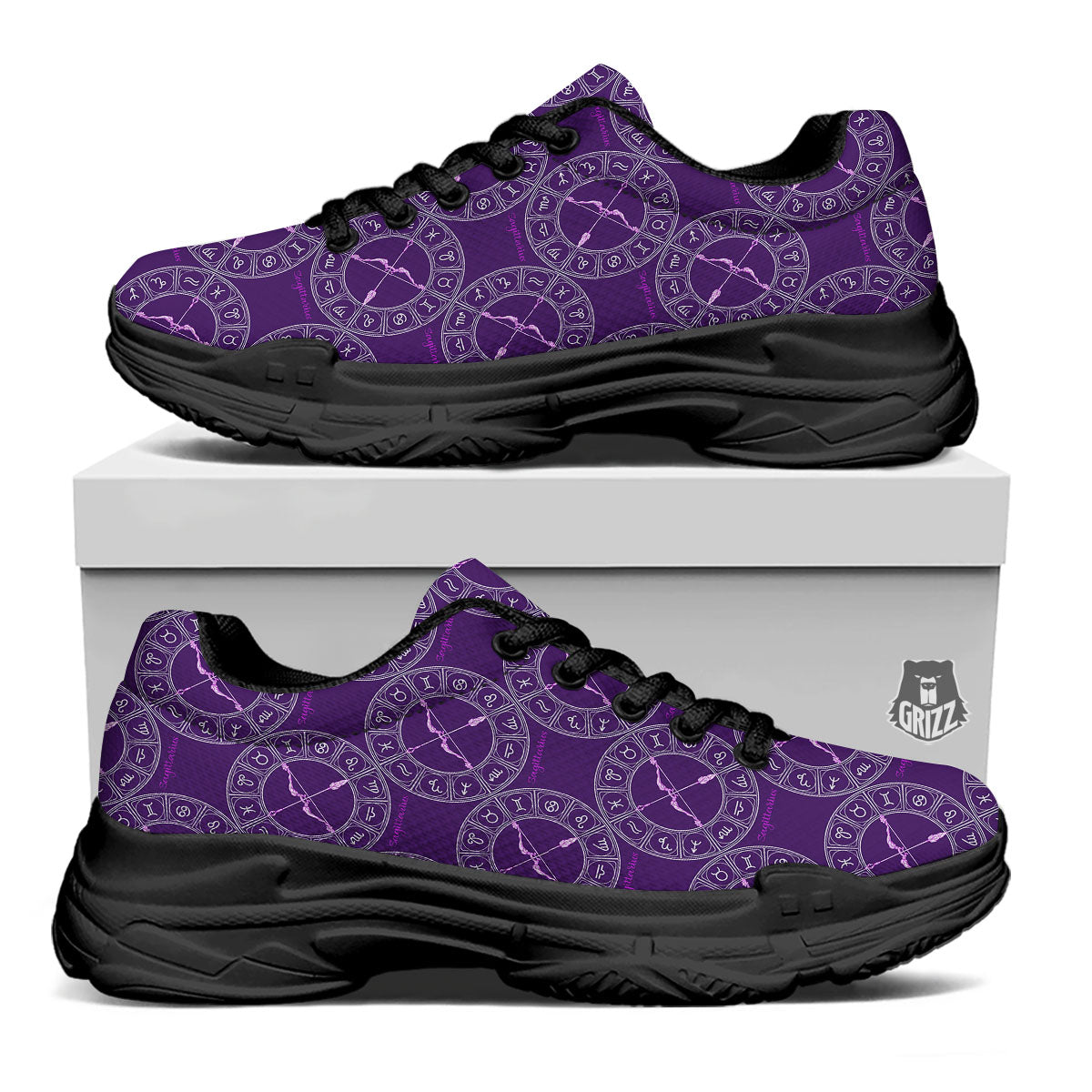 Zodiac Sagittarius Purple Print Pattern Black Chunky Shoes-grizzshop