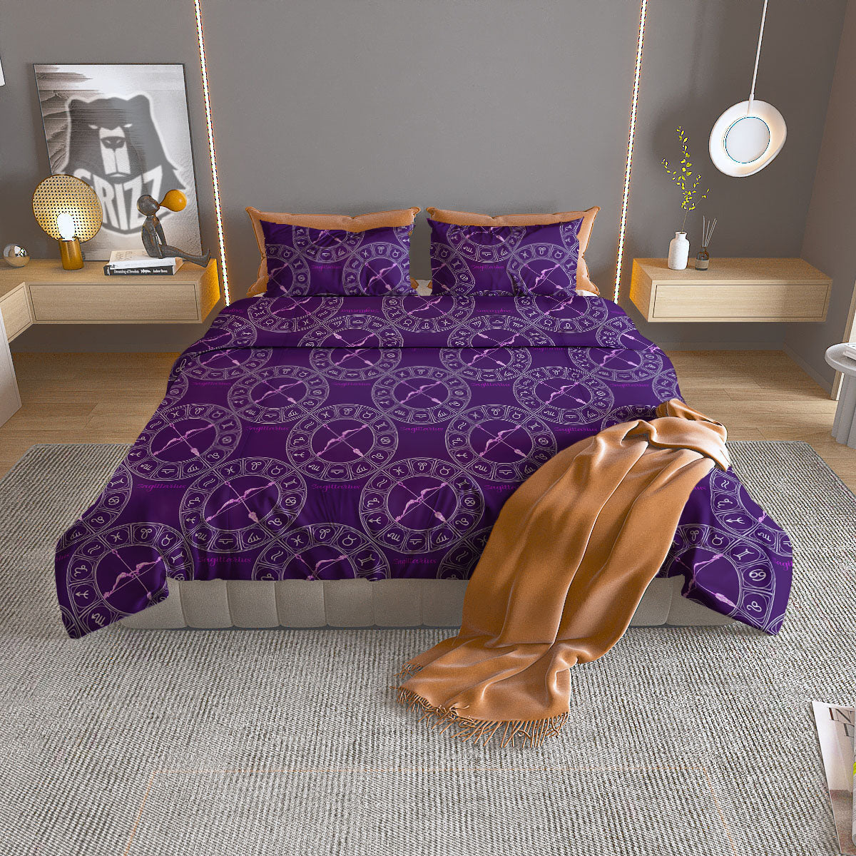 Zodiac Sagittarius Purple Print Pattern Duvet Cover Bedding Set