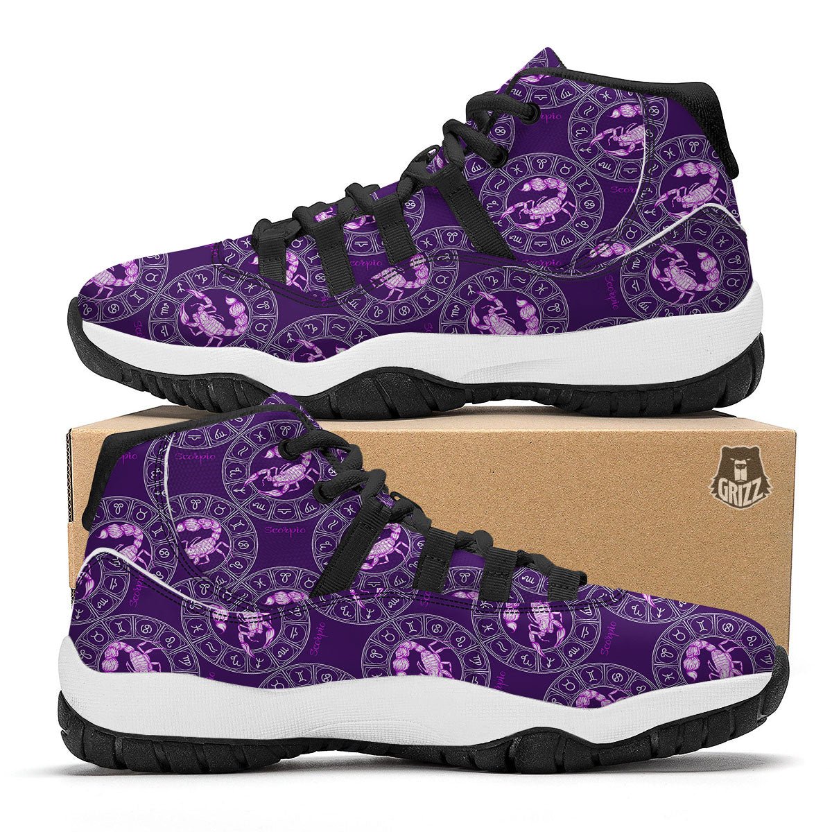Zodiac Scorpio Purple Print Pattern Black Bball Shoes-grizzshop