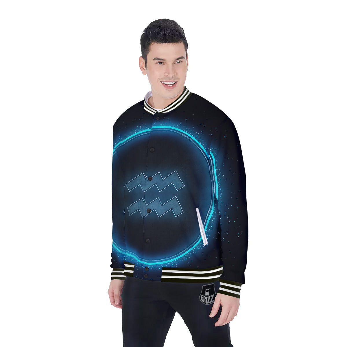 Zodiac Sign Blue Aquarius Print Baseball Jacket-grizzshop