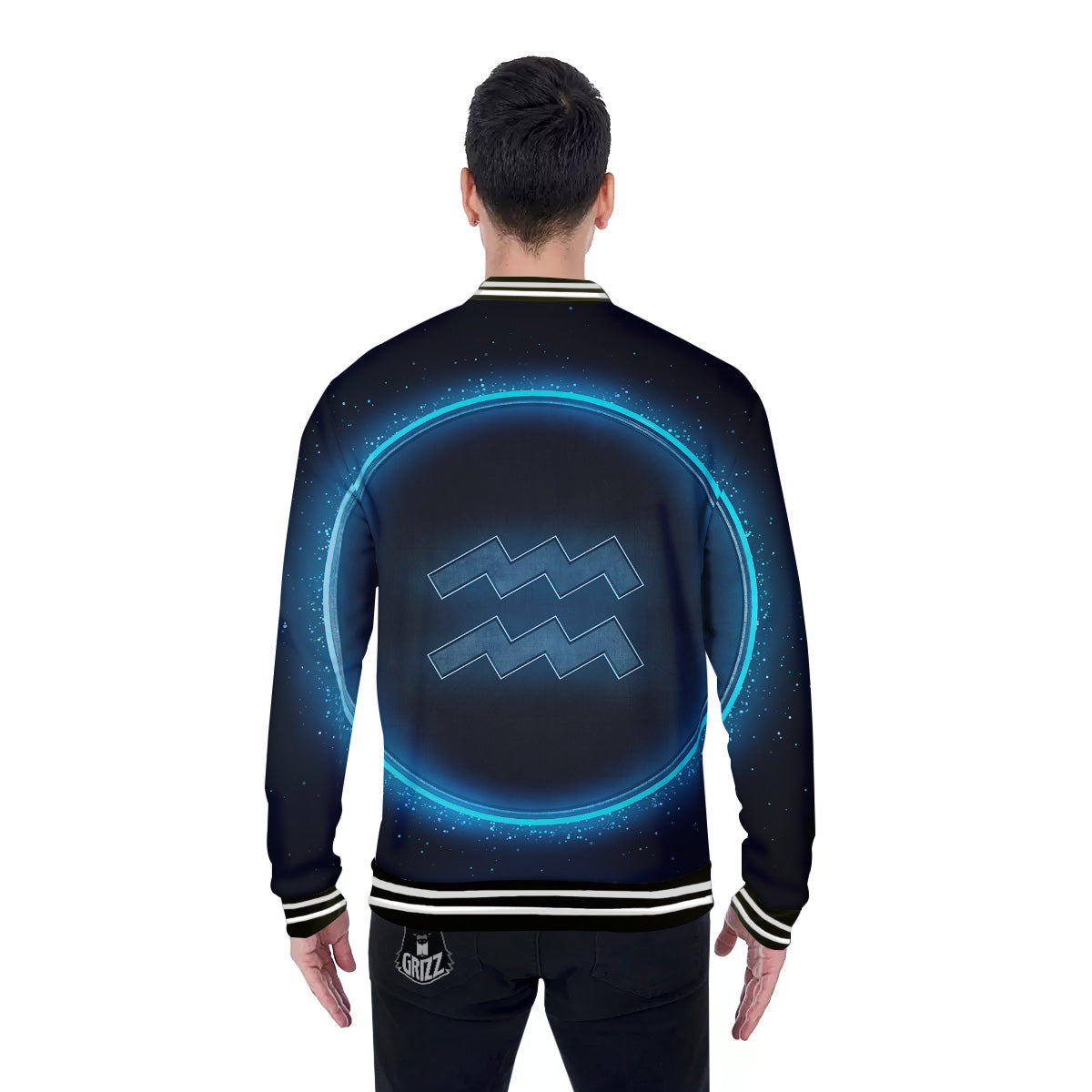 Zodiac Sign Blue Aquarius Print Baseball Jacket-grizzshop