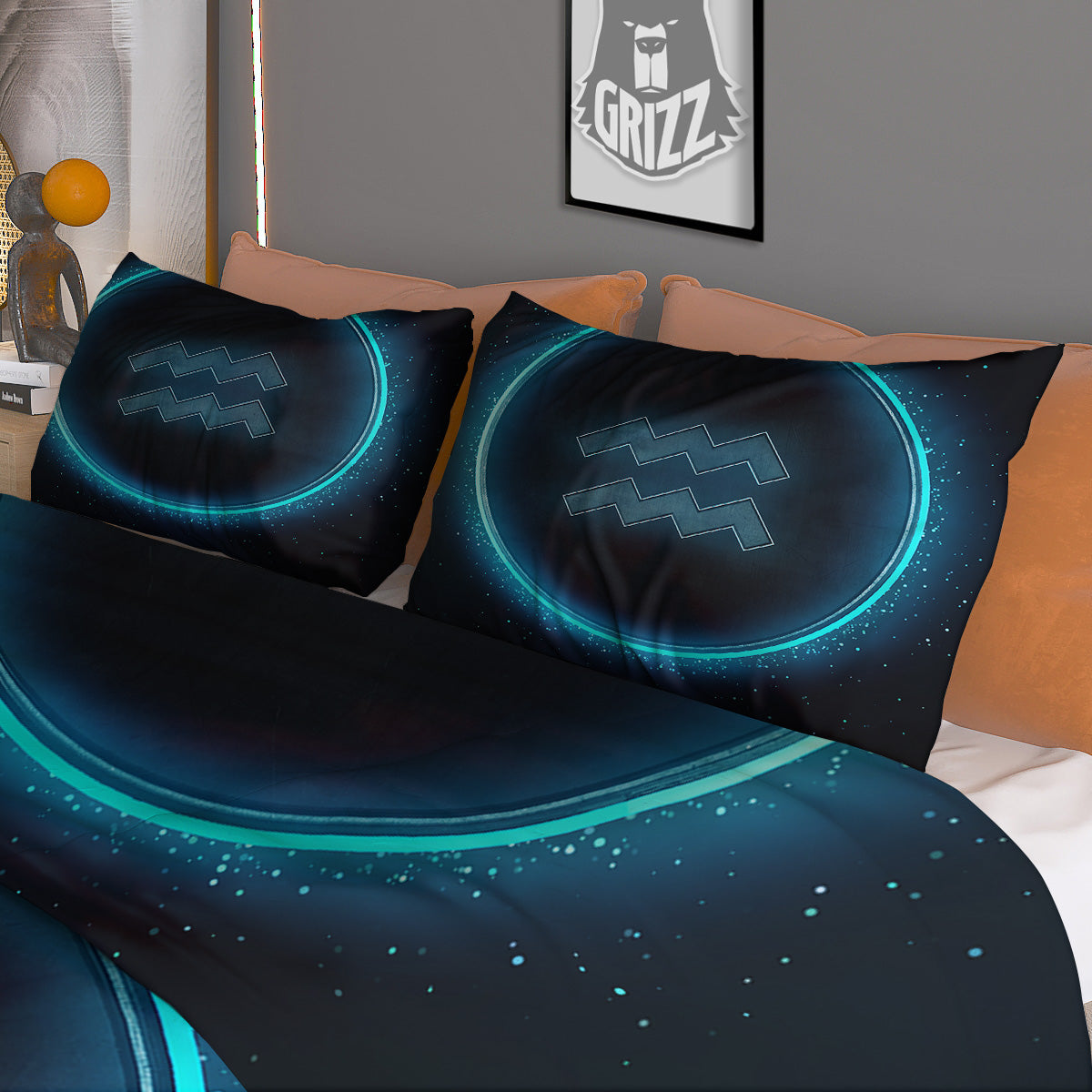 Zodiac Sign Blue Aquarius Print Duvet Cover Bedding Set