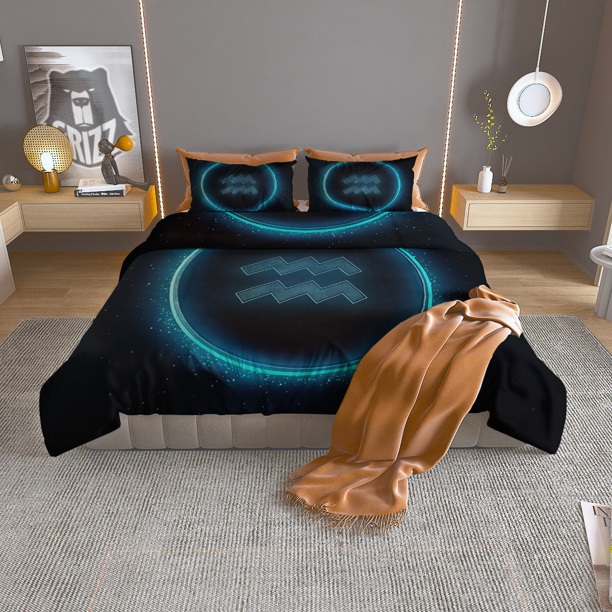 Zodiac Sign Blue Aquarius Print Duvet Cover Bedding Set